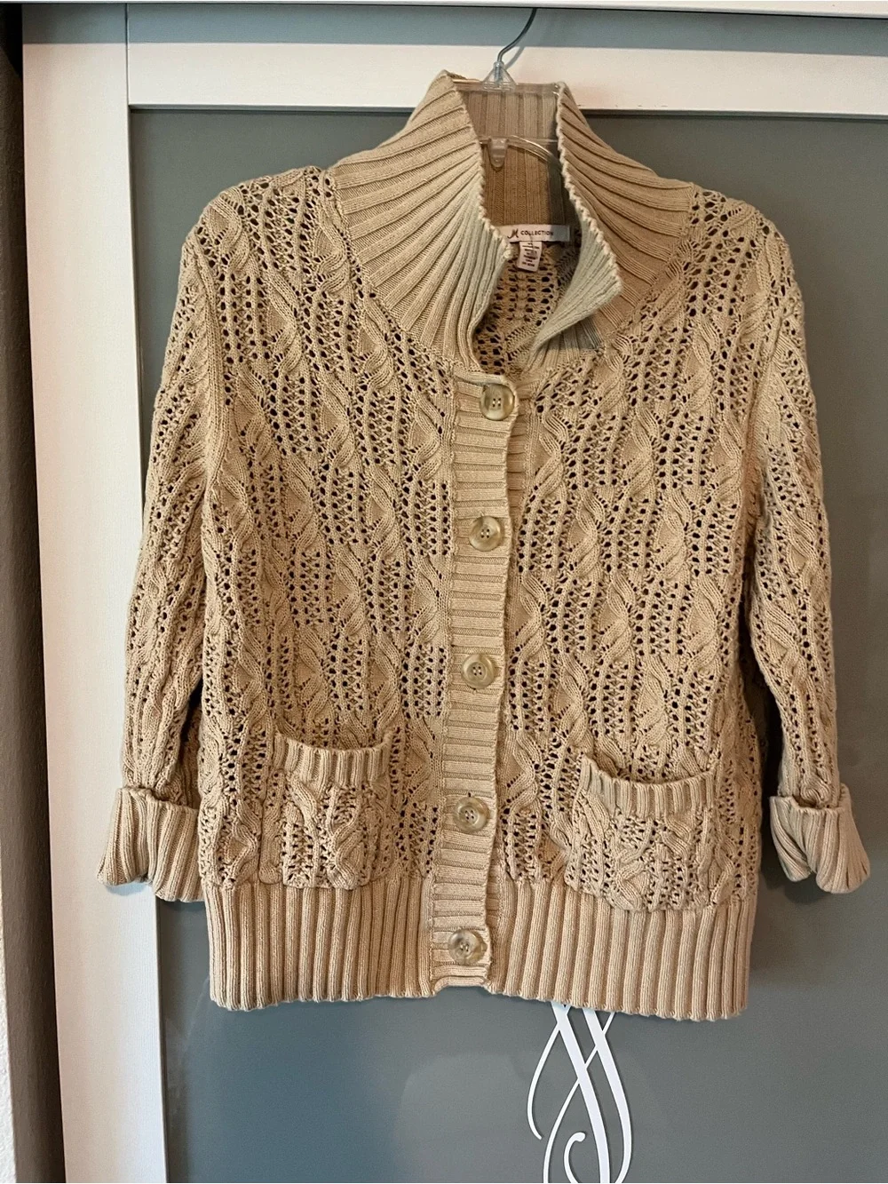 JM Collection Beige Open-Knit Button-Front Cardigan - Picture 1 of 5